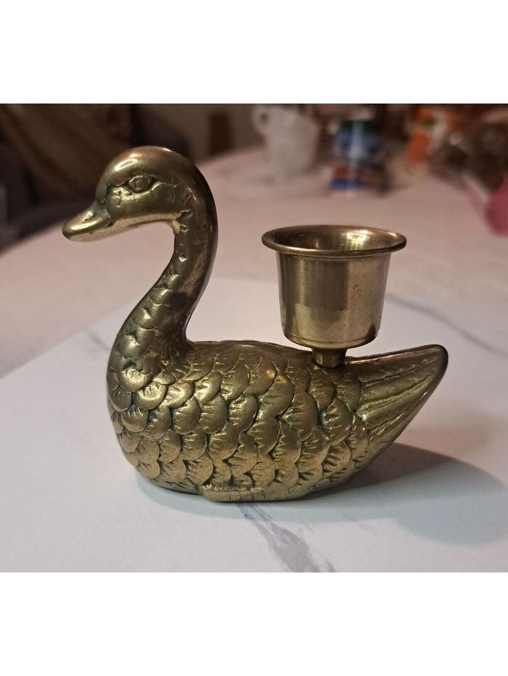 Vintage Brass Swan Taper Candle Holder Feather Detail 3"x 3.5"